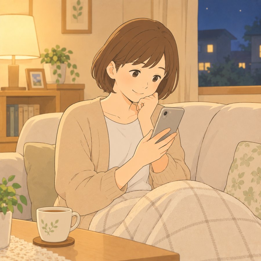 夜のソファで離れて暮らす息子からのメッセージに微笑む母親のイラスト