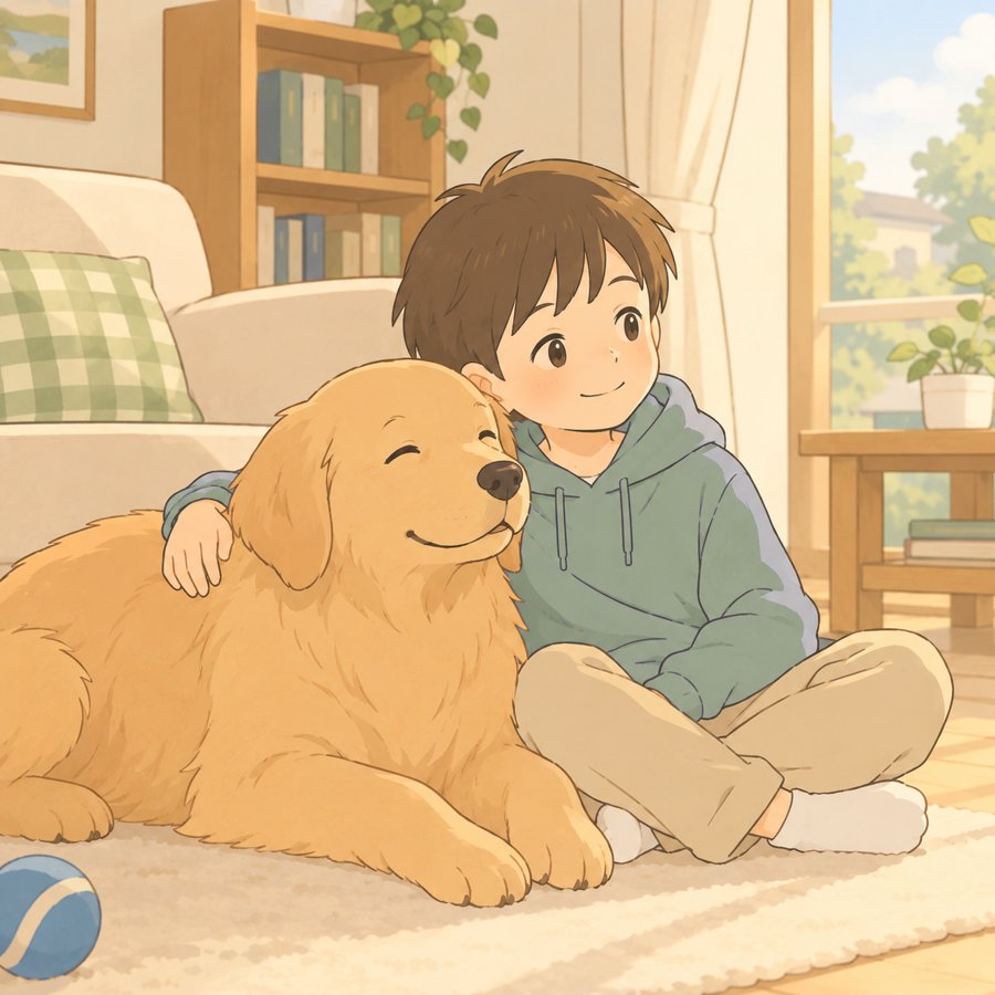 大きな犬に寄りかかってくつろぐ子どものイラスト