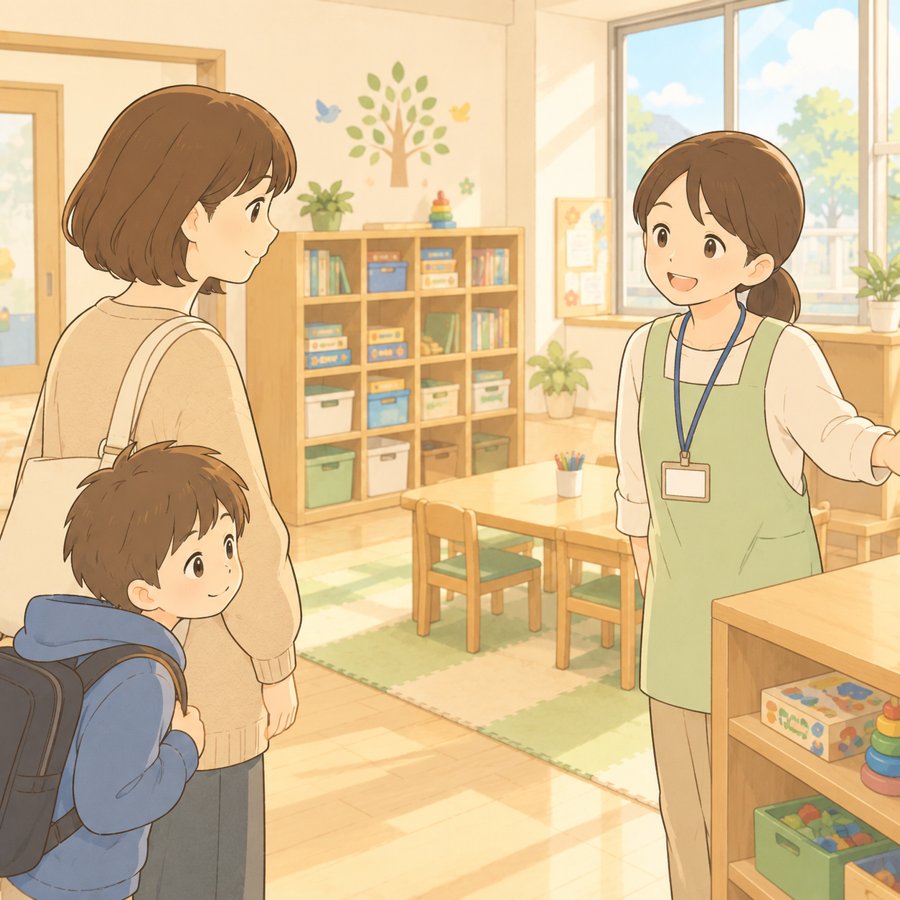 放課後デイの部屋をスタッフに案内してもらう母親と男の子のイラスト