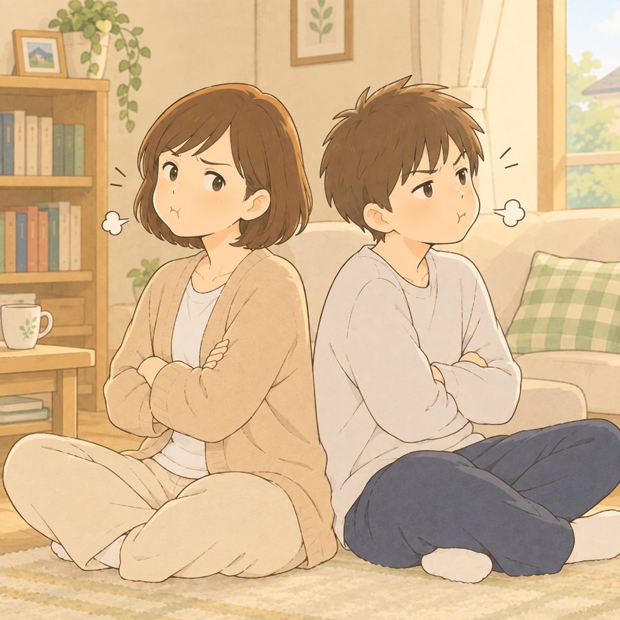 同じポーズでむくれて背中合わせに座る母親と息子のイラスト