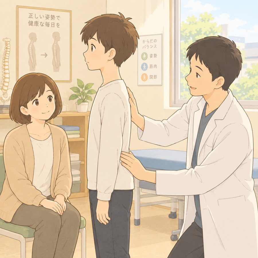 整形外科で医師に姿勢を見てもらう男の子と見守る母親のイラスト
