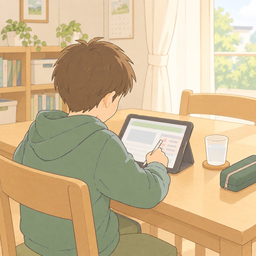 昼間の食卓でタブレット学習に取り組む子どものイラスト
