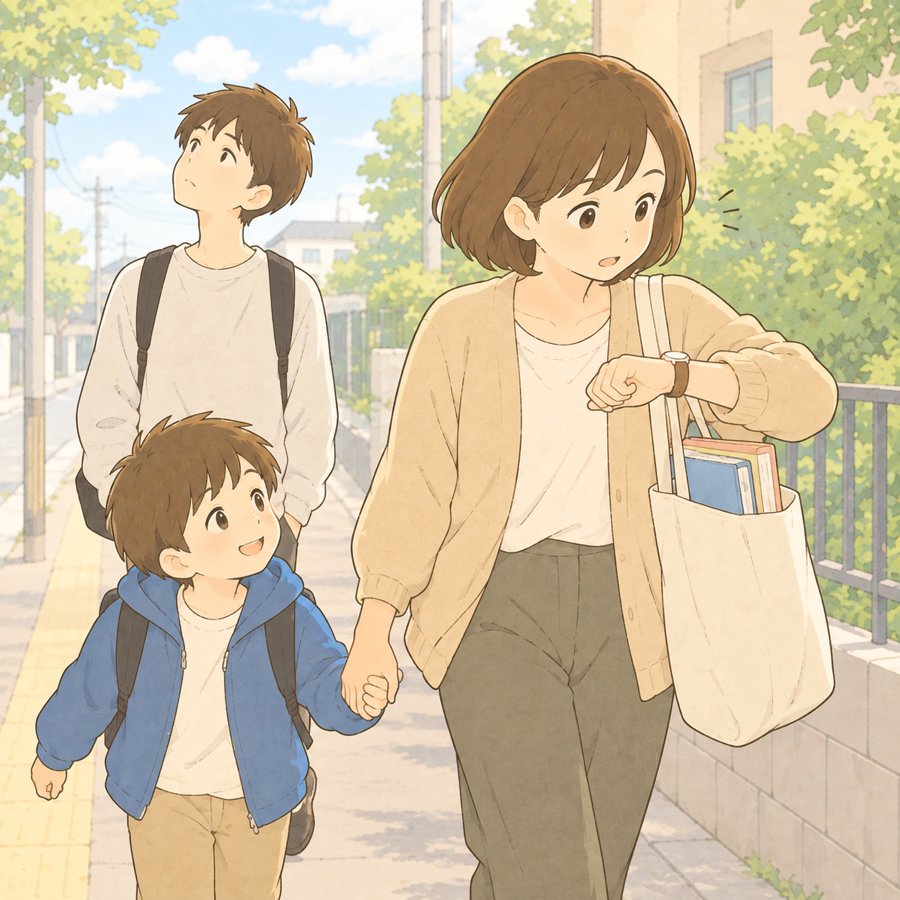 子どもの手を引き時計を見ながら急いで歩く母親のイラスト