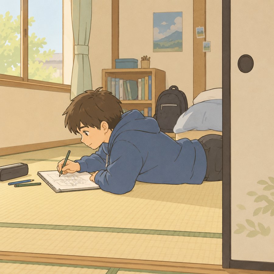 和室でひとり寝転んで絵を描く中学生のイラスト