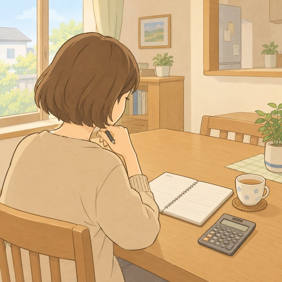 電卓とノートを前に費用を考える母親の後ろ姿のイラスト