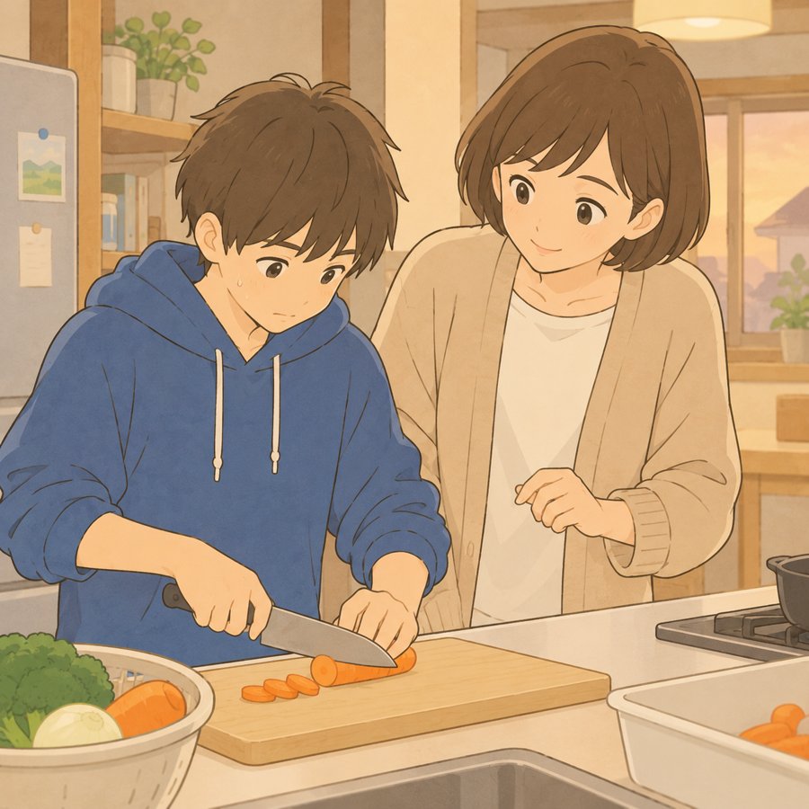 初めて包丁でにんじんを切る中学生と隣で見守る母親のイラスト