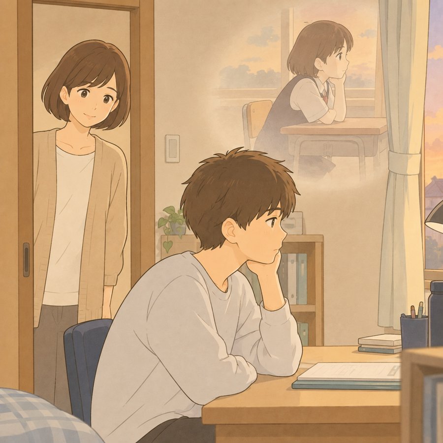 机でぼんやりする息子を戸口から見守る母親と重なる昔の自分の記憶のイラスト