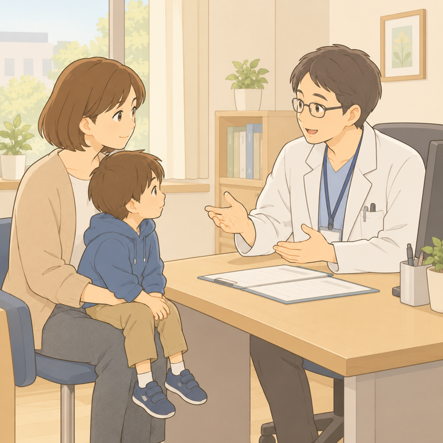 診察室で医師の説明を聞く母親と膝の上の男の子のイラスト