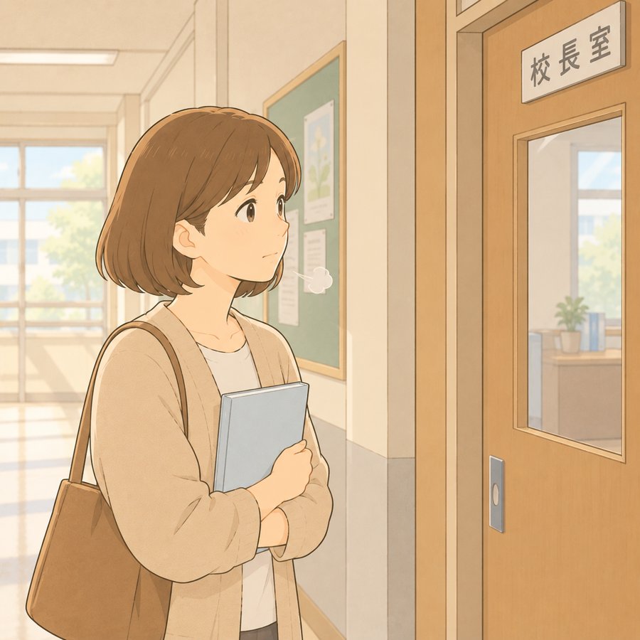 校長室の前でファイルを抱えて深呼吸する母親のイラスト