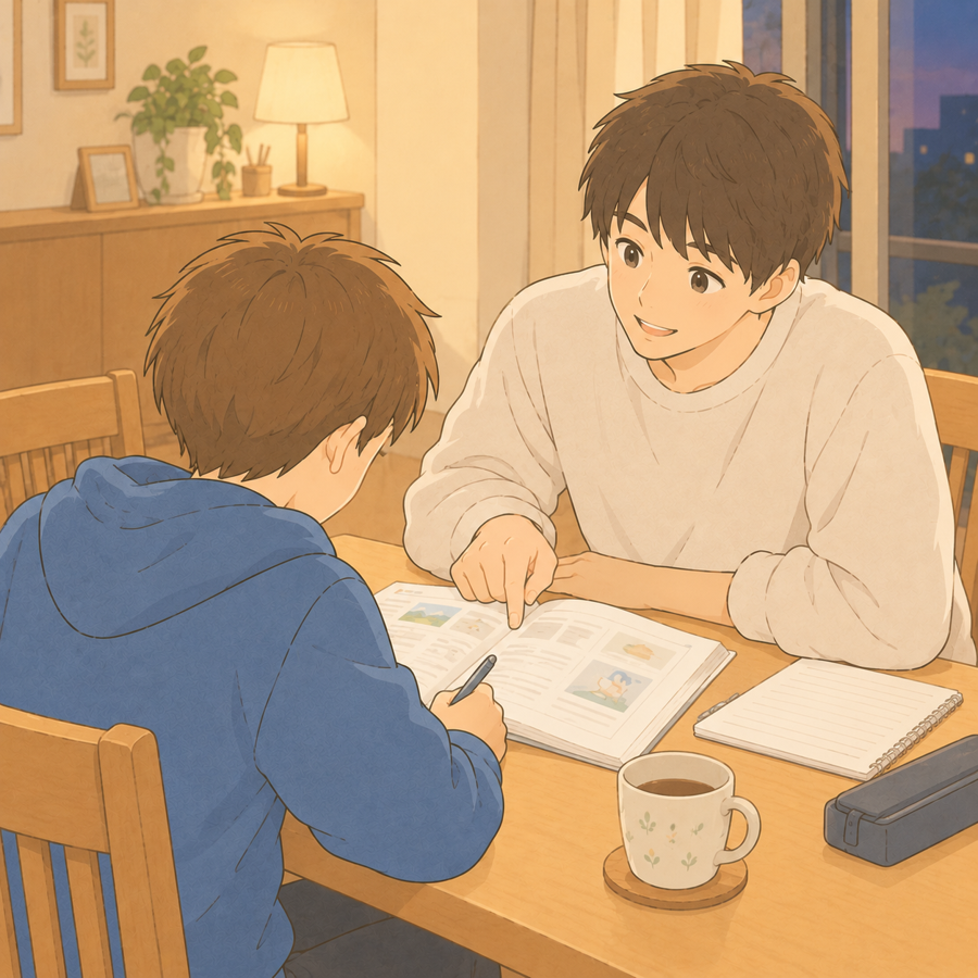 食卓で大学生の家庭教師と英語を勉強する中学生のイラスト
