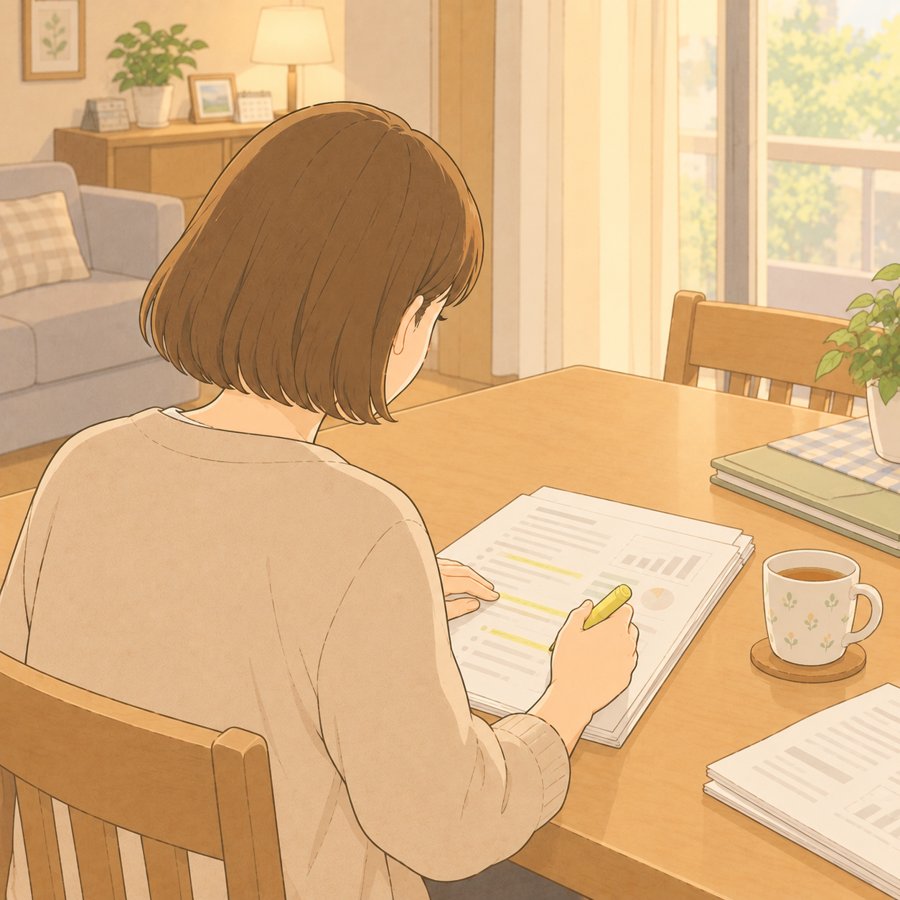 検査の報告書に蛍光ペンで印をつけながら読む母親のイラスト