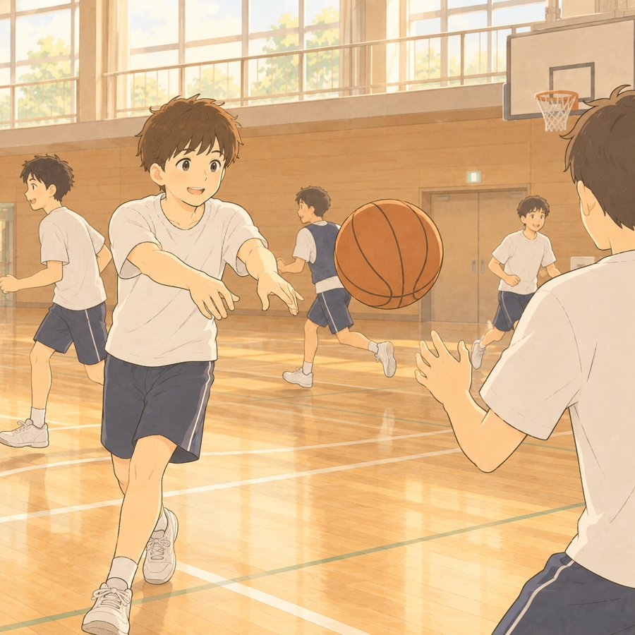 体育館のバスケ部の練習でパスを出す中学生のイラスト