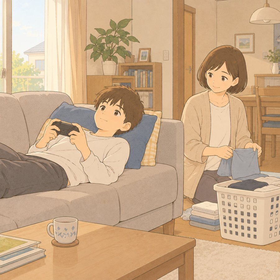 ソファでゲームをする息子のそばで黙って洗濯物をたたむ母親のイラスト