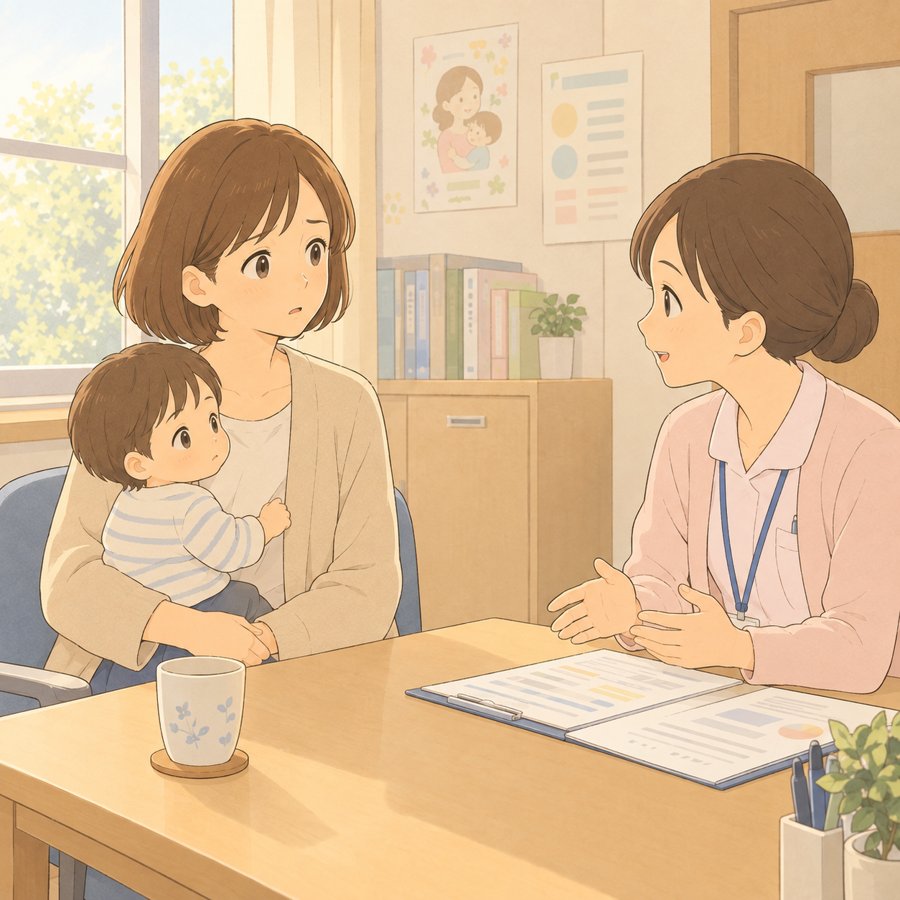 相談室で幼児を膝にのせて保健師さんの話を聞く母親のイラスト