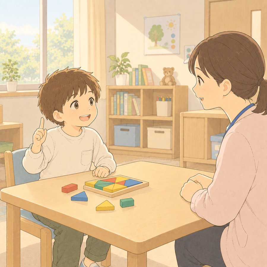 検査の机で指を1本立てて「もう一回」と粘る男の子のイラスト
