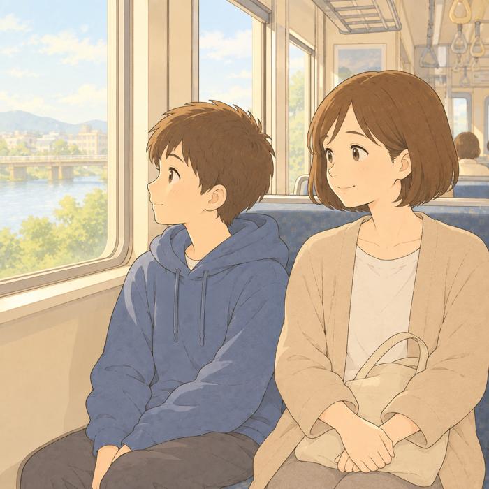 電車で窓の外を見る中学生と隣で穏やかに座る母親のイラスト