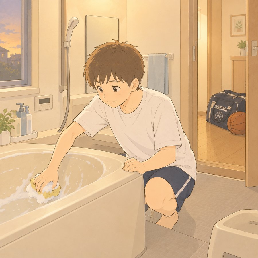 部活のあとに自分から浴槽を洗う中学生のイラスト