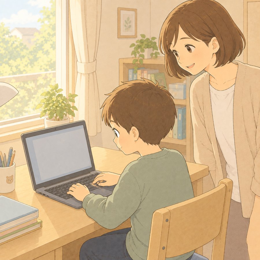 パソコンでタイピングの練習をする男の子と後ろで見守る母親のイラスト
