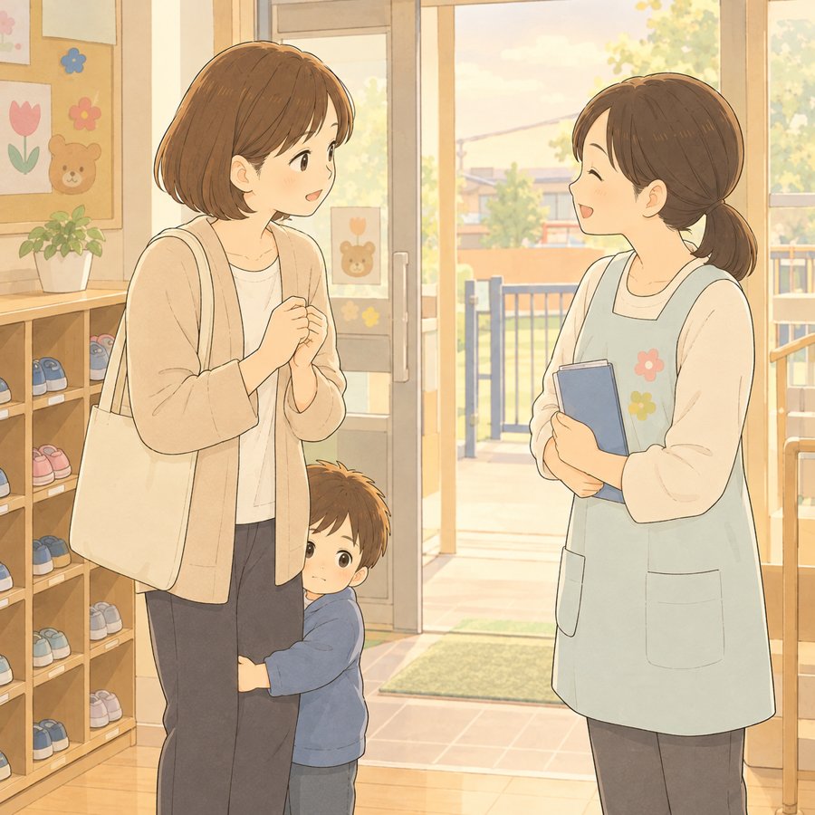 お迎えのとき、園の先生に子どもの様子を話す母