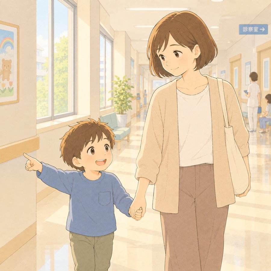 病院の廊下を4歳の男の子と手をつないで歩く母親のイラスト