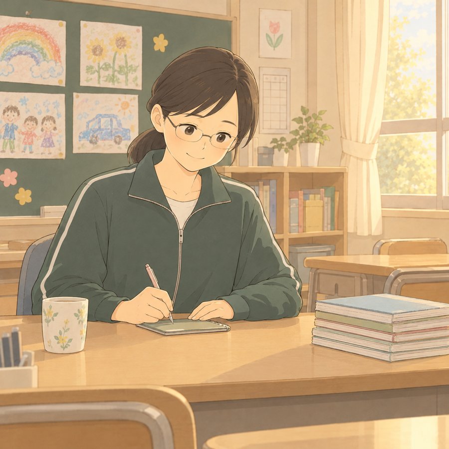 放課後の教室で連絡帳に返事を書く先生
