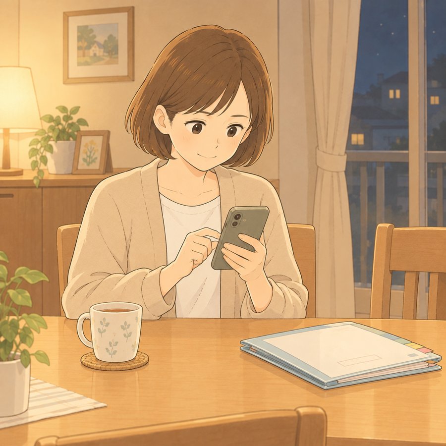 夜のテーブルでスマホから面談の申し込みを書く母