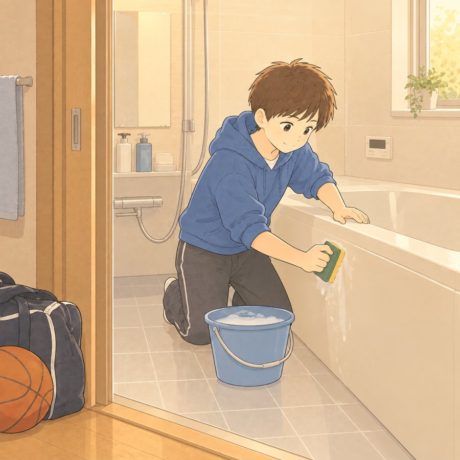 部活のあと、自分から風呂掃除をする中学生の次男