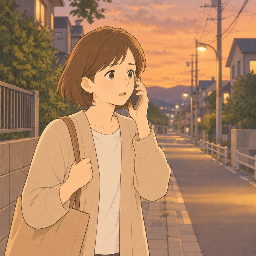 夕方の帰り道で驚いた顔で電話をする母親のイラスト