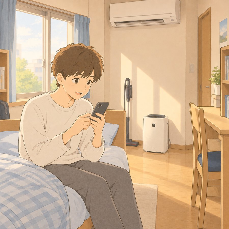 空気清浄機のある一人部屋でうれしそうにメッセージを送る高専生のイラスト
