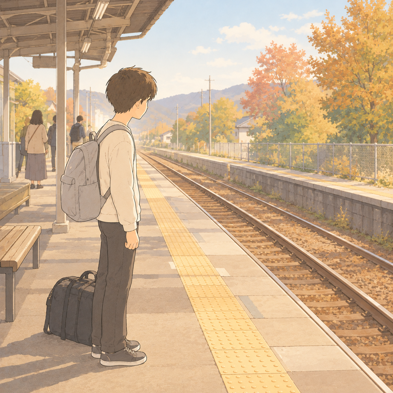 駅のホームでひとり電車を待つ高専生の長男のイラスト