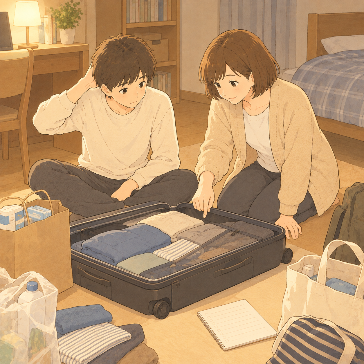 寮に戻る荷物を母と長男で確認しているイラスト