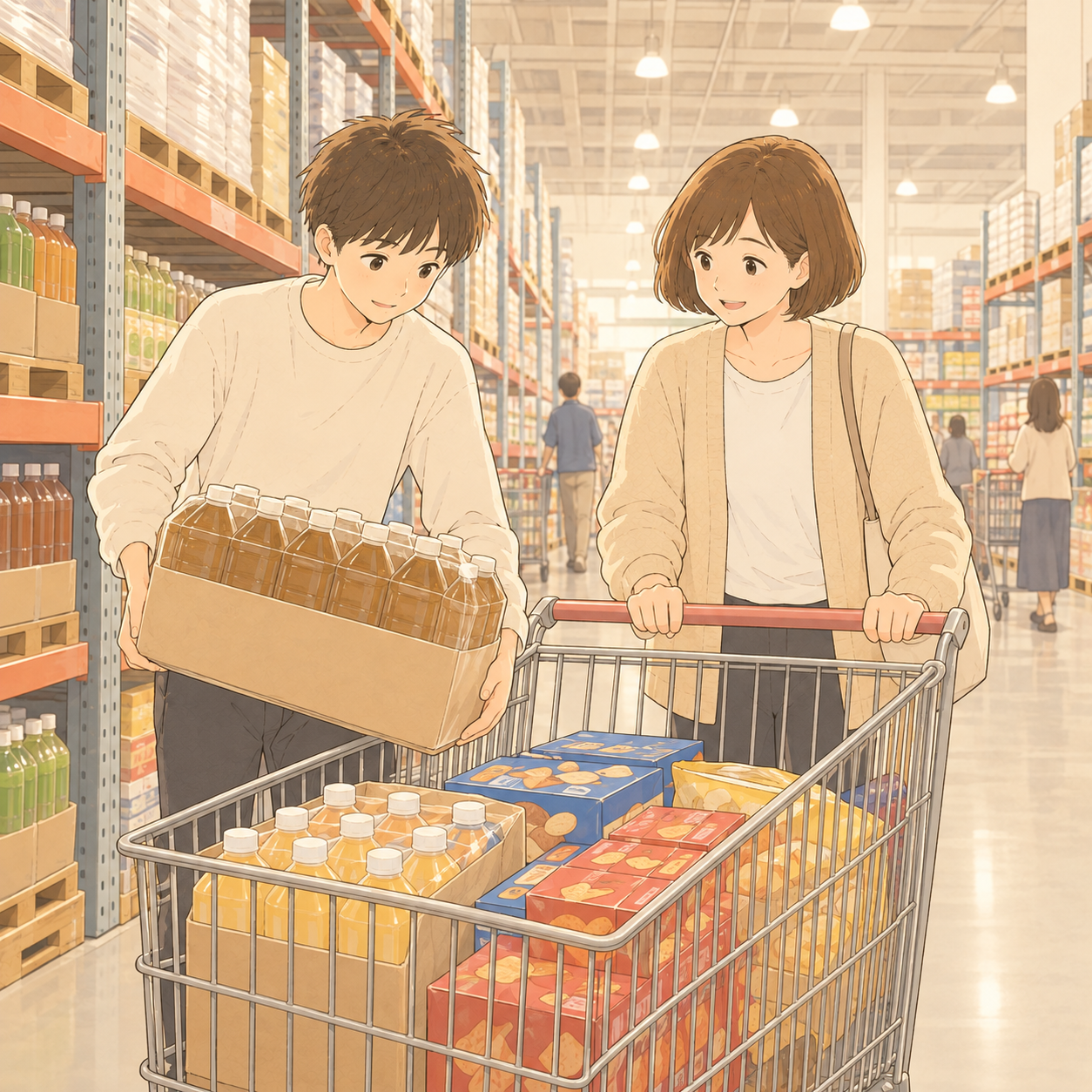 大きなお店で飲み物の箱をカートに積む母と高専生の長男のイラスト