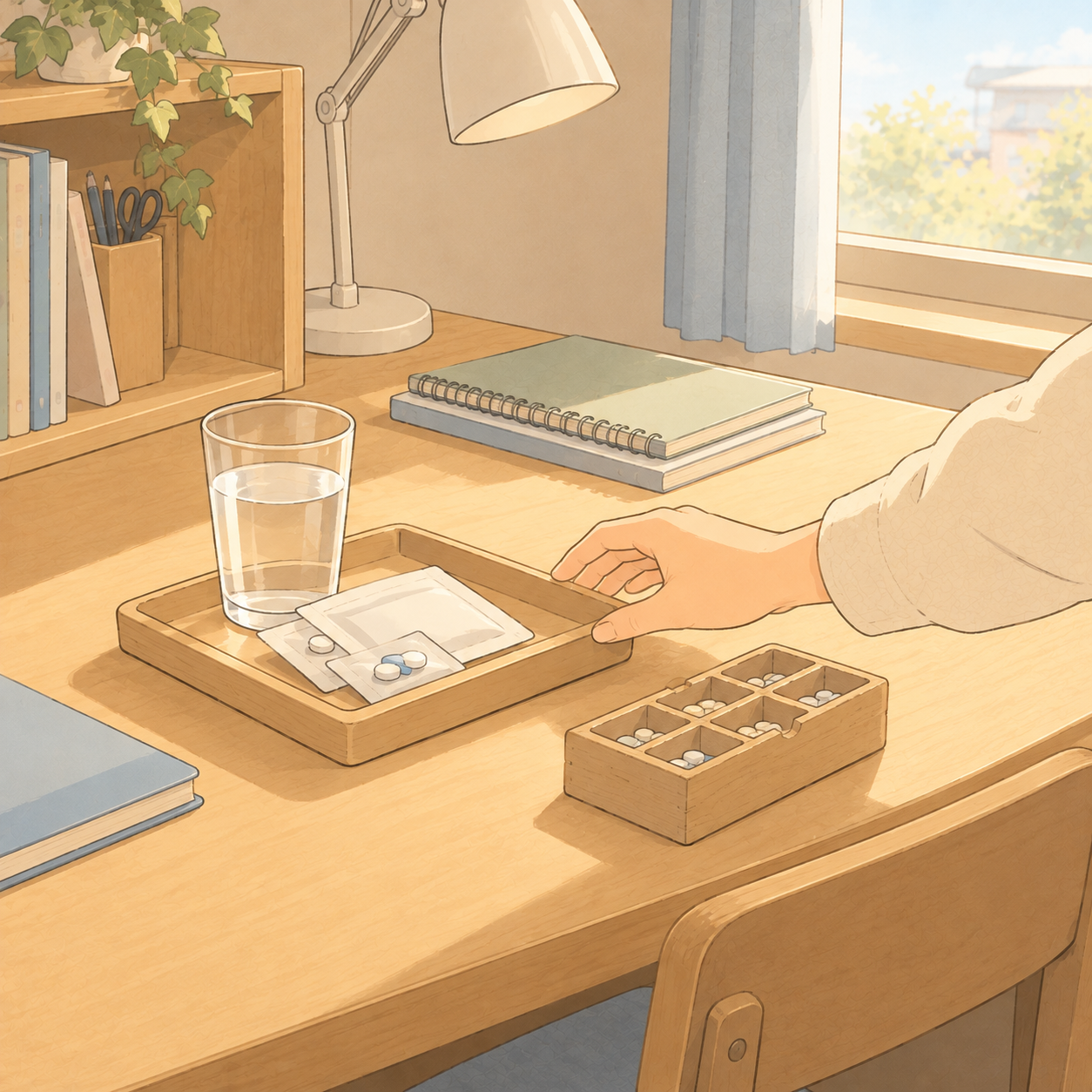 寮の机の上に置いた薬のトレイと手作りの薬入れのイラスト