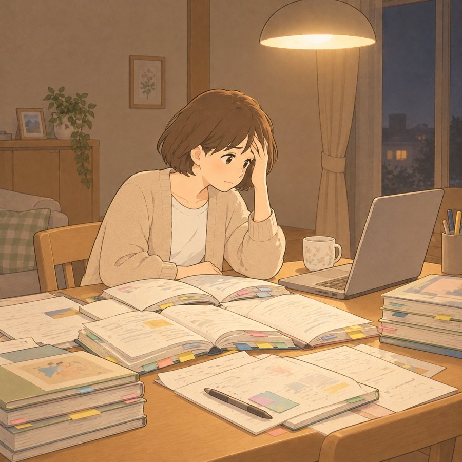 本や資料に囲まれて疲れ切った母